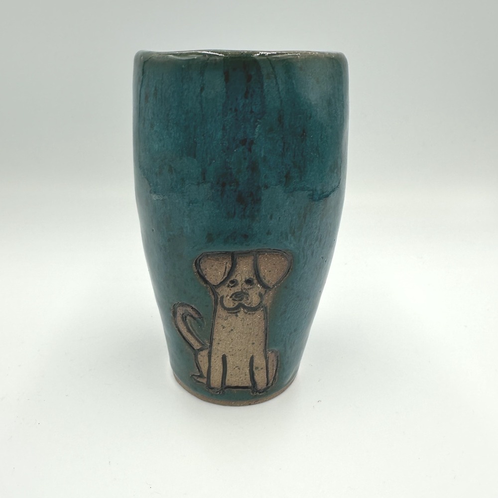 Handmade Pottery Vase Tootbrush Holder Teal Blue Dog Accent‎ Signed K. Mosby